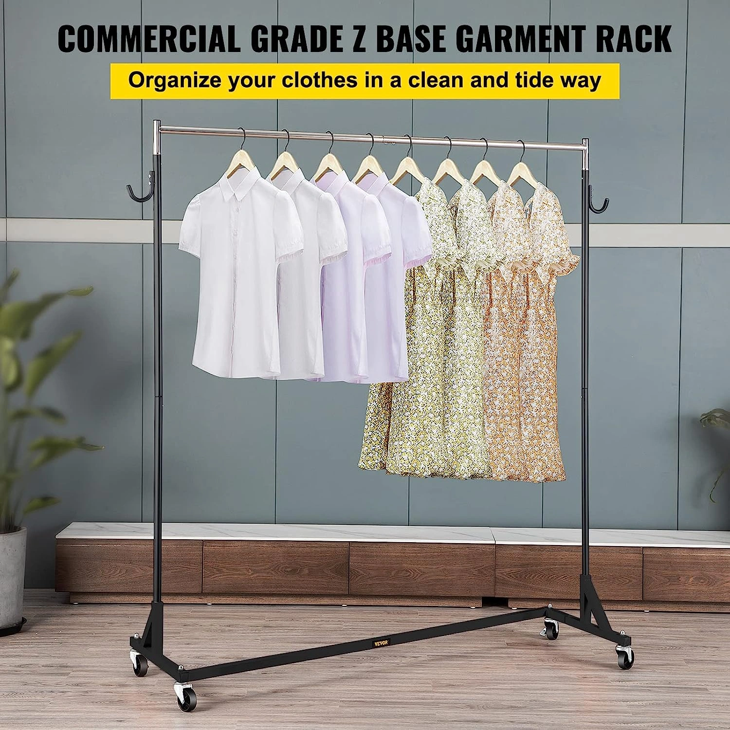 Ropa Pesada Elegancia Negra: Rack Industrial Ajustable con Ruedas, 300 lbs. ¡Tu guardarropa perfecto!