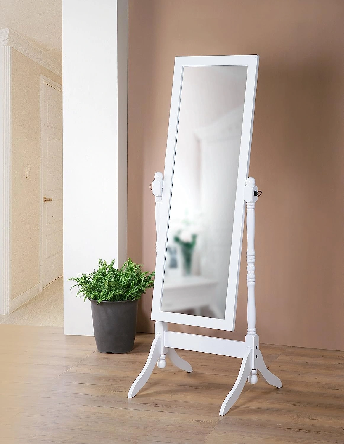 Espejo de pie de madera con poste torcido blanco: Elegancia atemporal para tu dormitorio, ¡cómpralo ya!
