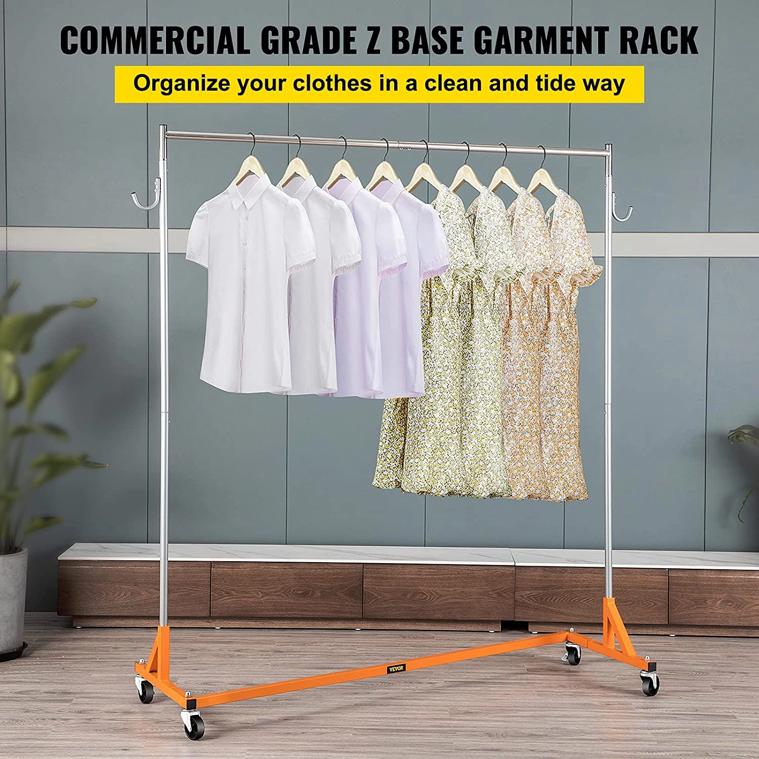 Rack Z Naranja Industrial Robusto Ropa 300 lbs Tienda Hogar Ajustable con Ruedas ¡Elige tu Estilo!